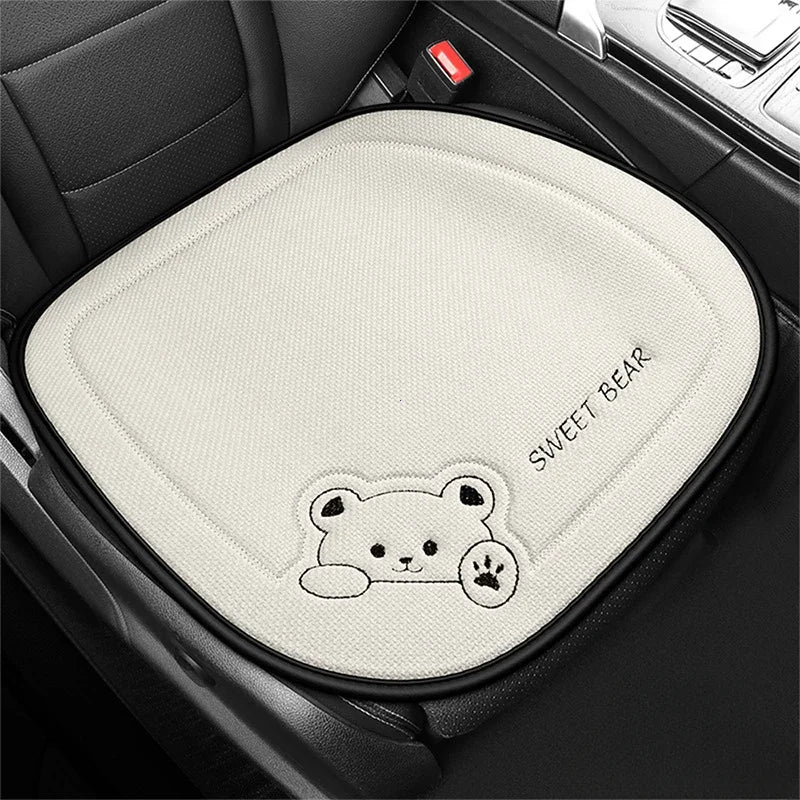 Universal Cartoon Bear Linen Car Seat Cushion - Cute, Breathable, Anti-Slip Seat Protector for Women and Everyday Driving