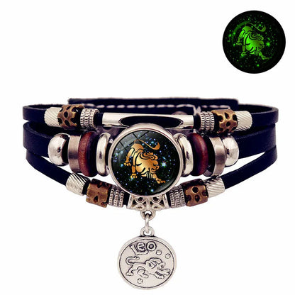 Luminous 12 Constellation Vintage Bracelet - Braided Punk Leather Glow-in-the-Dark for Men & Women, Birthday Gift