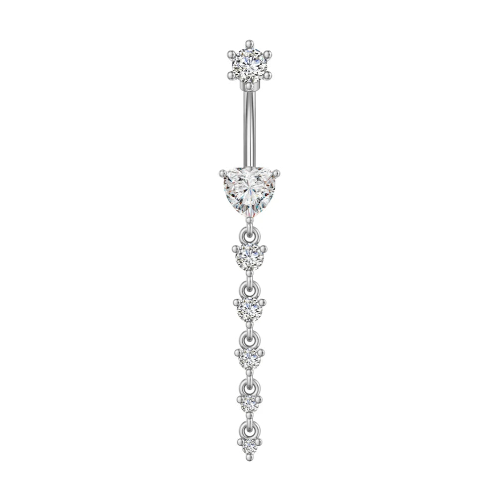 14G Surgical Steel Belly Button Ring – 7 Heart Crystal Long Dangle Navel Piercing Jewelry for Women