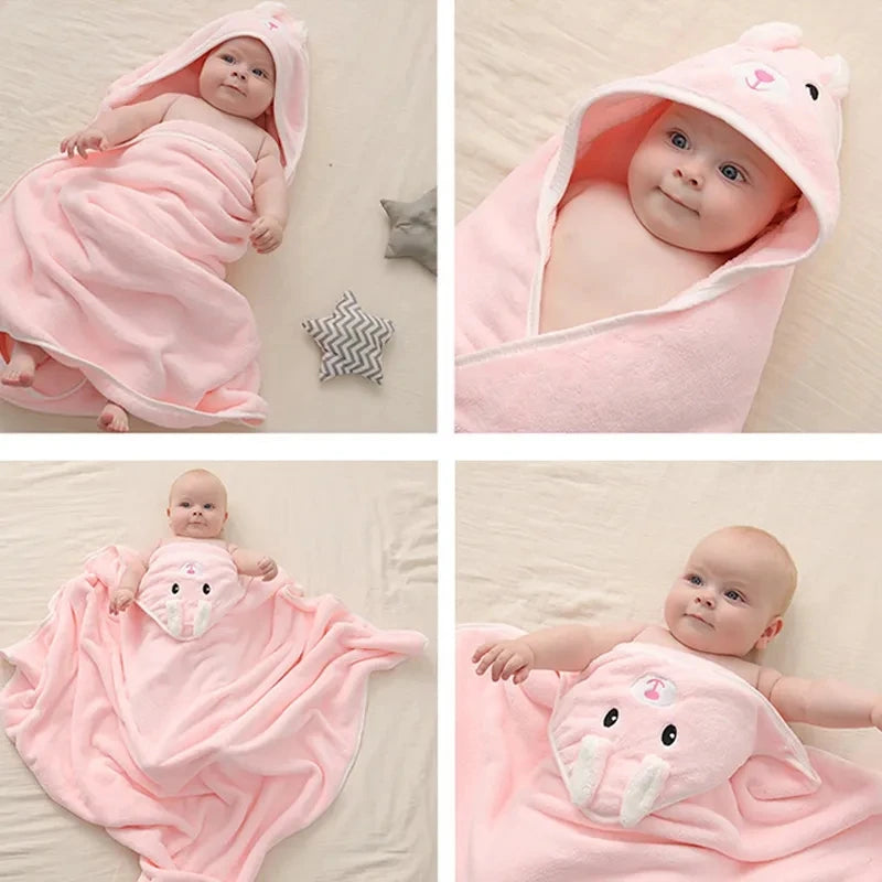 0-3 Years Unisex Baby Bathrobe – Flannel Hooded Cape, Cartoon Design, Newborn Shower Gift, Swaddling Bath Towel for Boys & Girls
