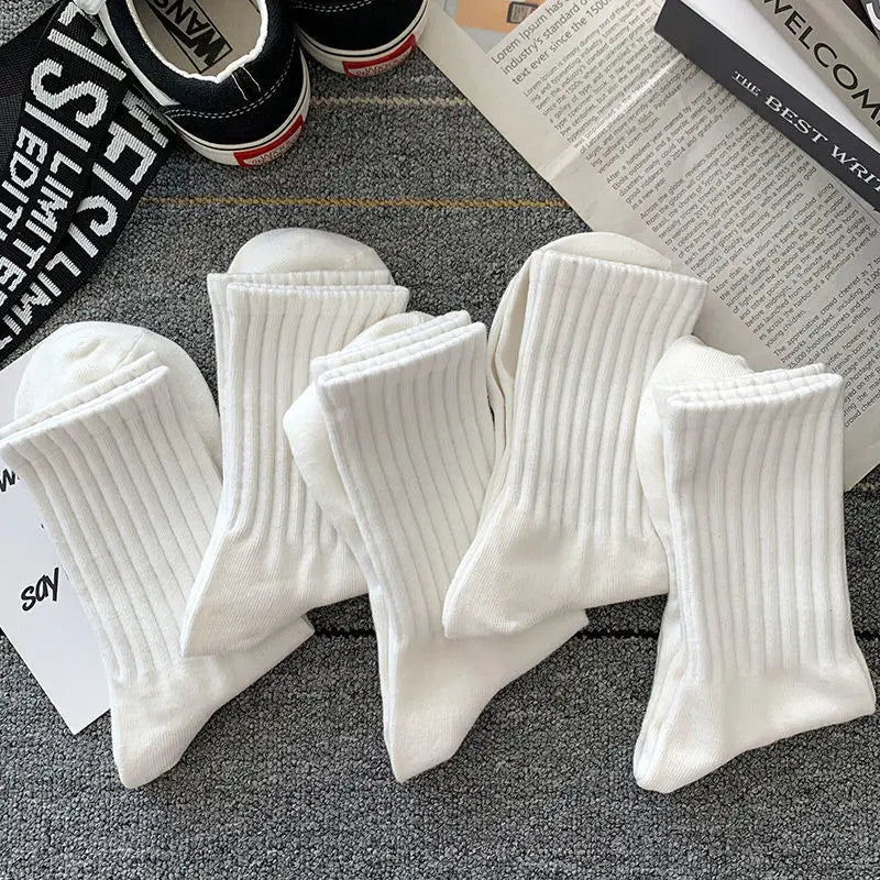 5 Pairs Cool Men's Socks Set – Black & White, Warm Autumn/Winter Sport Short Socks, Solid Color for Men