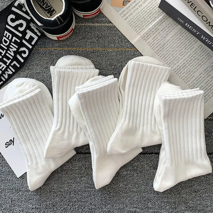 5 Pairs Cool Men's Socks Set – Black & White, Warm Autumn/Winter Sport Short Socks, Solid Color for Men