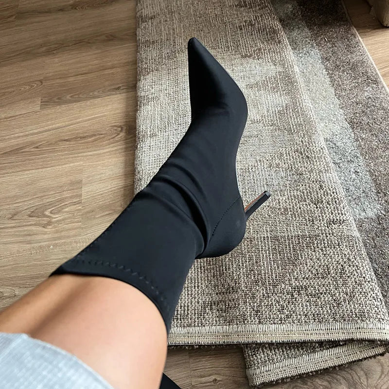 Women’s Satin Sock Ankle Boots - 7.5cm & 10cm High Heels Pointed Toe Winter Fashion Boots