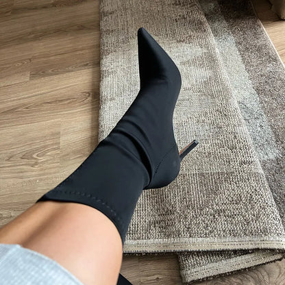 Women’s Satin Sock Ankle Boots - 7.5cm & 10cm High Heels Pointed Toe Winter Fashion Boots