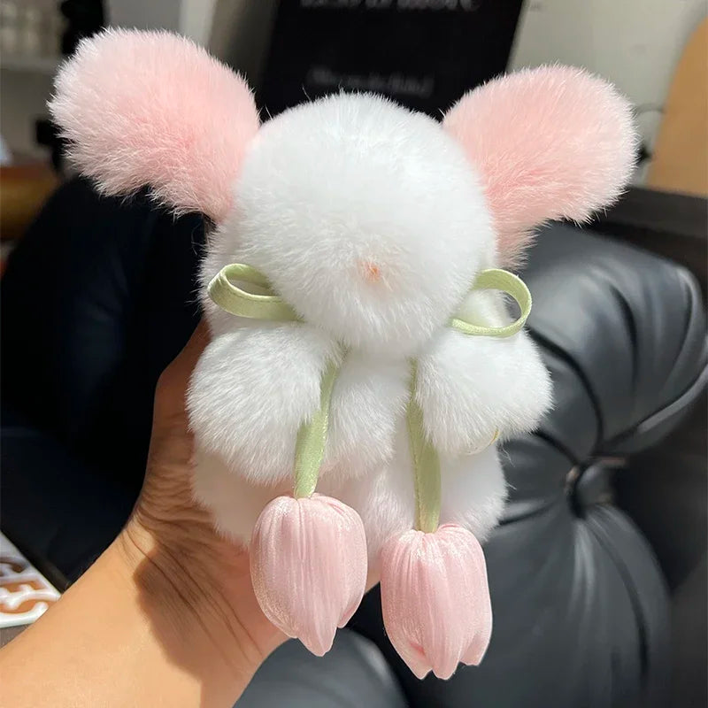 Cute Real Rex Rabbit Fur Keychain – Mini Bunny Pendant Bag Charm & Car Key Ring Plush Toy Gift for Women