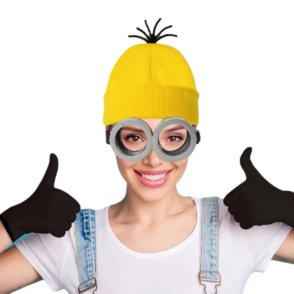 MINISO Adult Cosplay Costume – Yellow Beanie, Straps, Goggles, Skirt & Gloves, Halloween Carnival Disguise Accessories