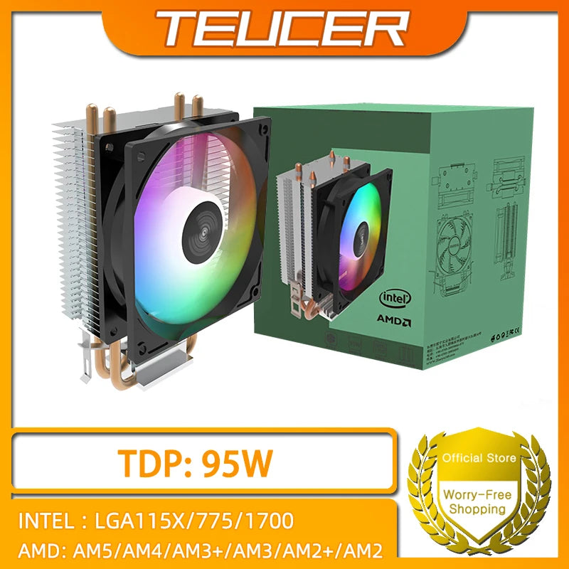 TEUCER CPU Cooler — 2-4 Heat Pipe Radiator with 3-Pin PWM Silent RGB Fan for Intel LGA 1700/1150/1155/1156/1366 & AMD AM2/AM3/AM4