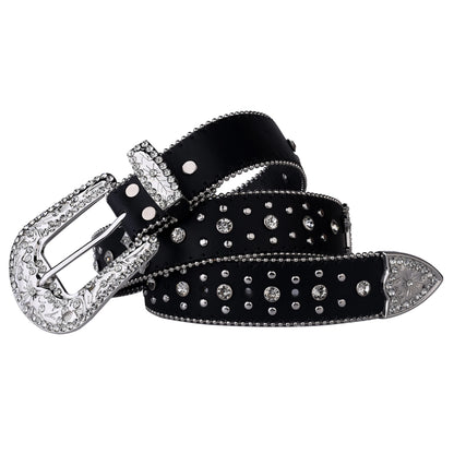Black Cross Rivet Belt with Engraved Buckle – Rhinestone PU Punk Western Cowboy Cowgirl Jeans Belt