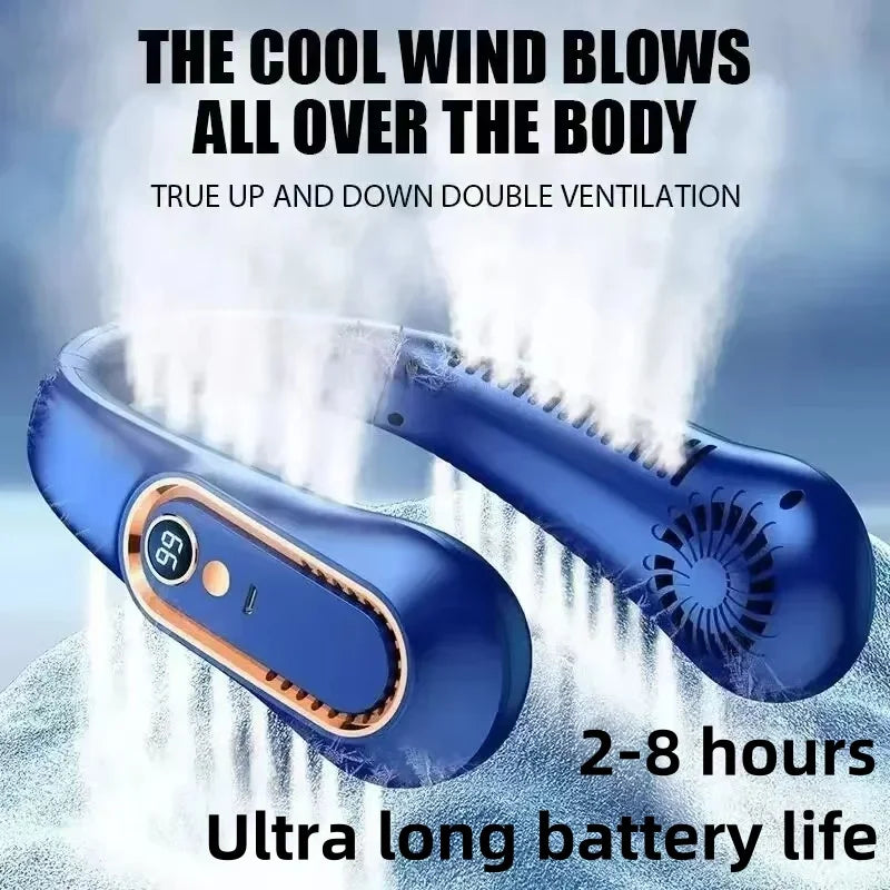 8000mAh USB Neck Fan - Portable Bladeless Rechargeable Cooling Fan with LED Display for Outdoor & Handheld Use
