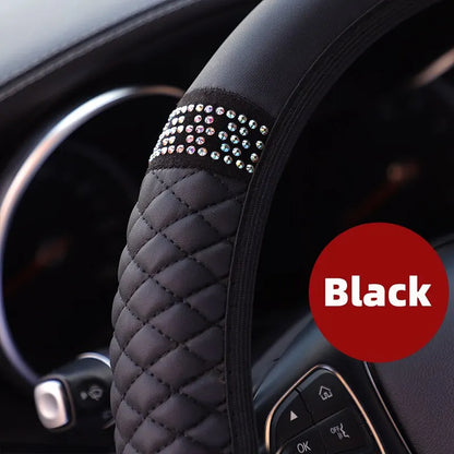 37-38cm Car Steering Wheel Cover: Three-dimensional Leather with Embroidered Color Diamond-encrusted Design - Breathable, No Inner Ring