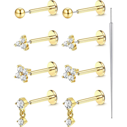 14K Gold Plated CZ Flat Back Stud Earrings – 316L Surgical Steel Threadless Nose, Helix & Cartilage Piercing Jewelry