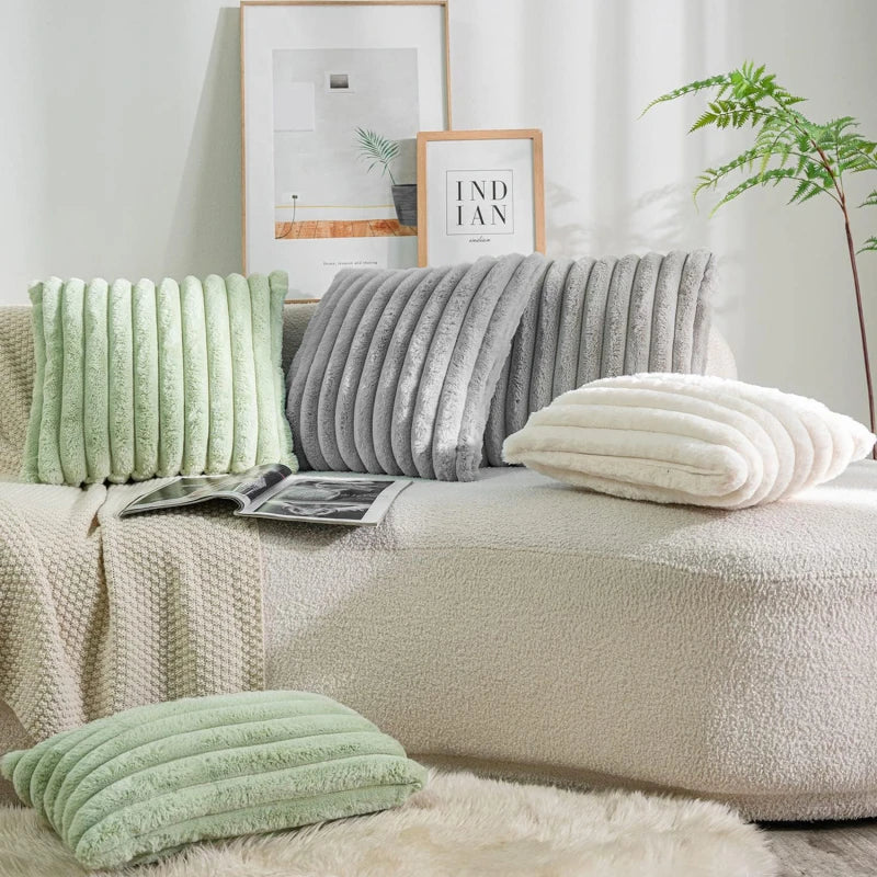 Faux Rabbit Fur Square Cushion Cover – Thick Striped Super Soft Solid Color Pillow, 45x45cm Sofa Decor