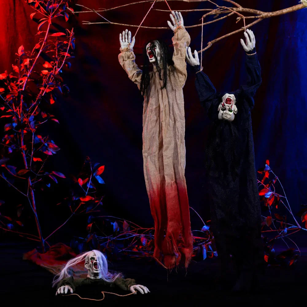 Halloween Hanging Ghost Decoration — Movable Skeleton Horror Prop with Long Hair for Haunted House and Bar 2025
