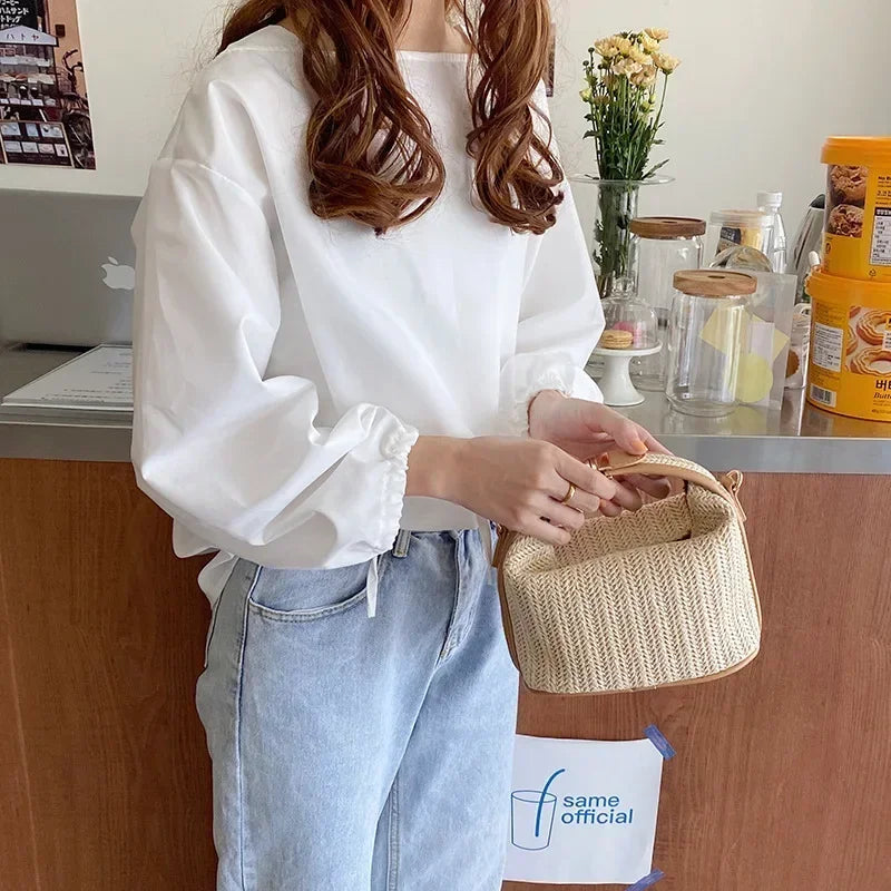 Summer Small Straw Handbag — Trendy Woven Bucket Crossbody Shoulder Bag, Casual Beach Tote for Girls