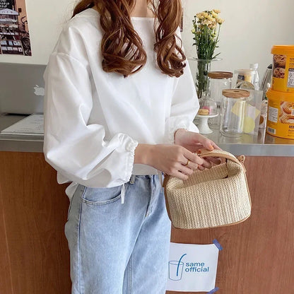 Summer Small Straw Handbag — Trendy Woven Bucket Crossbody Shoulder Bag, Casual Beach Tote for Girls