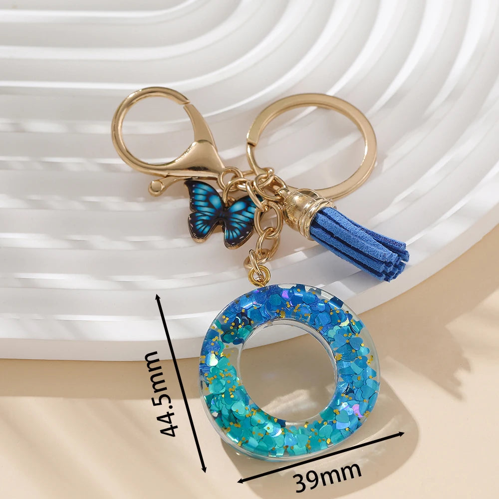 Royal Blue Butterfly Initial Keychain - Alloy Alphabet Letter & Tassel Backpack Charm