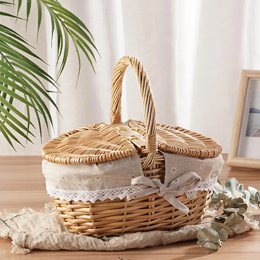 Handmade Wicker Picnic Basket with Handle – Multi-Purpose Willow Woven Storage Hamper for Outdoor Camping and Fruit