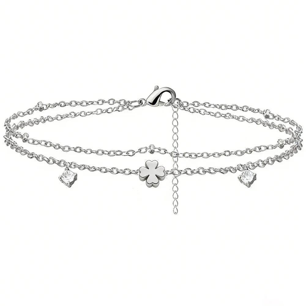 925 Silver Plated CZ Anklet Bracelet – Waterproof Heart Charm Dainty Layered Chain Anklet for Women & Girls Jewelry Gift