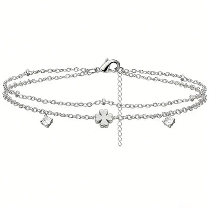 925 Silver Plated CZ Anklet Bracelet – Waterproof Heart Charm Dainty Layered Chain Anklet for Women & Girls Jewelry Gift