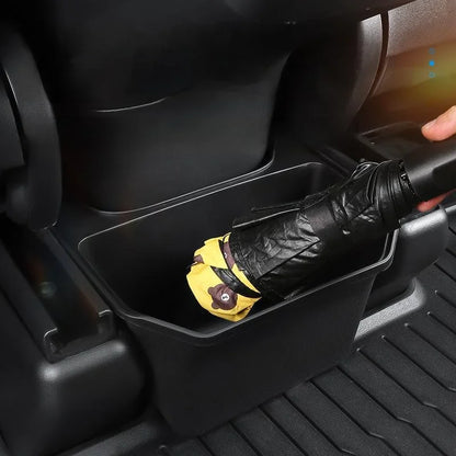 Rear Seat Storage Box for Tesla Model Y: Organizer Center Console Bins, Backseat Trash Can, Garbage Bag - Under Seat Tray Accessories