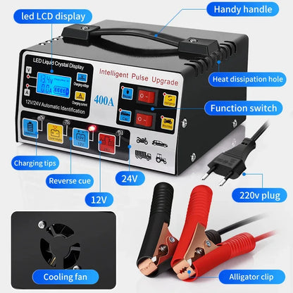 220W Metal Car Battery Charger 12V/24V – Fully Automatic High Power Fast Repair Smart Vehicle Battery Charging System