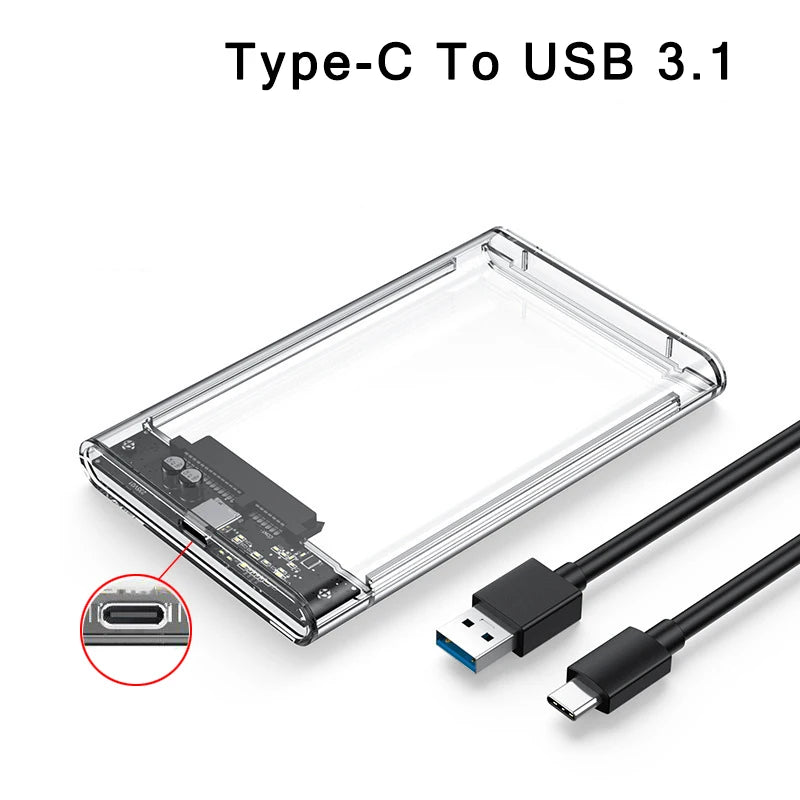 Clear 2.5 Inch SATA SSD HDD Enclosure - USB 3.0 Type-C External Hard Drive Case with UASP Support