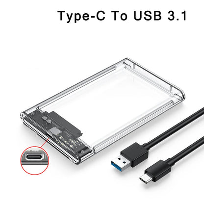 Clear 2.5 Inch SATA SSD HDD Enclosure - USB 3.0 Type-C External Hard Drive Case with UASP Support