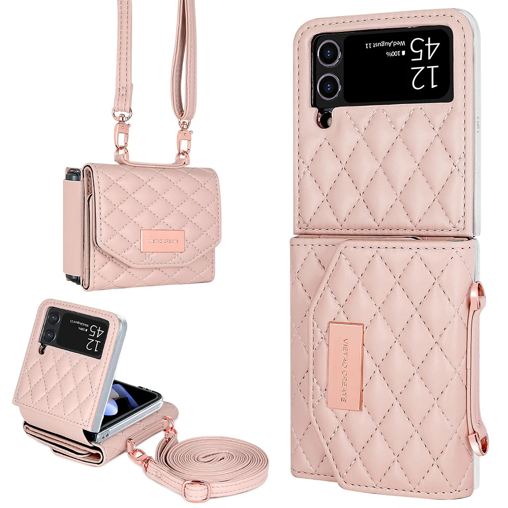 VIETAO Leather Wallet Phone Case with Crossbody Strap — Pink Purse Case for Samsung Galaxy Z Flip 3/4/5/6/7