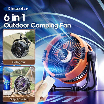 KINSCOTER 6-in-1 Portable Camping Fan — 20000mAh Rechargeable Outdoor Fan with 4 Speeds, Hook & LED Light