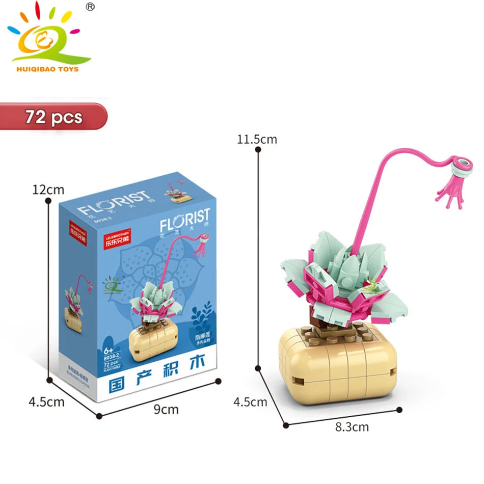 HUIQIBAO MOC Flower & Succulent Potted Building Block Set – DIY Eternal Bouquet, Home Desk Plant Decor, Girls & Kids Toy Gift
