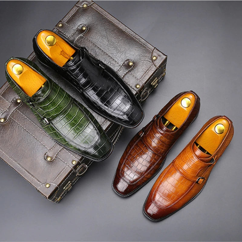 Men’s Crocodile Grain Leather Brogue Shoes - Luxury Buckle Dress Shoes for Business, Wedding and Party Wear