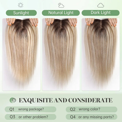 Brown Blonde Highlight Remy Human Hair Toppers – 16 Inch Straight Clip-In Silk Base Hairpiece for Women, Topper Hair Extensions
