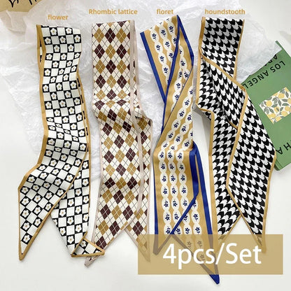 4pcs Silk Satin Scarves for Women – Hair Bands, Neck Ties & Bag Accessories