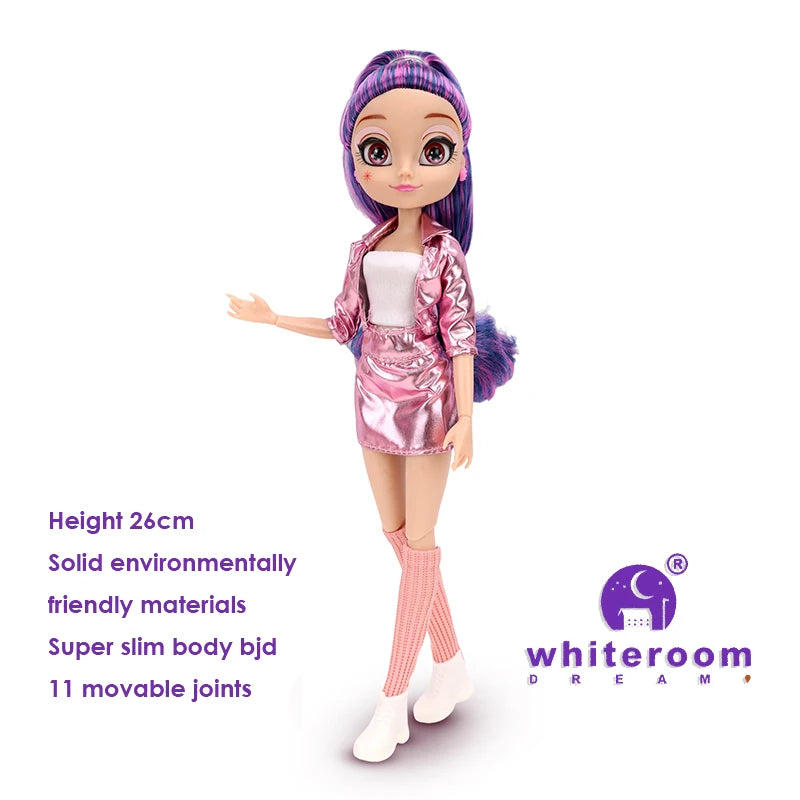 26cm BJD Doll for Girls – Purple Hair Fashion Princess with Big Eyes & Accessories Gift