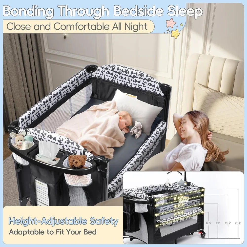 5-in-1 Portable Pack and Play Bassinet — Bedside Sleeper with Diaper Changer, Storage Bag & Music Box