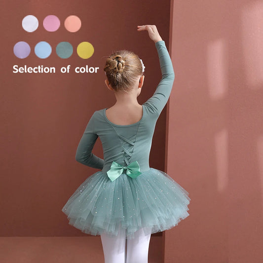 Girls Ballet Tutu Dress — Kids Short & Long Sleeve Tulle Leotard with Bowknot for Dance, Gymnastics & Party
