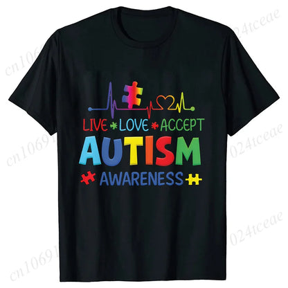 Women’s Live Love Accept Autism Awareness T-Shirt – Graphic Y2K Summer Top for Autism Awareness Month