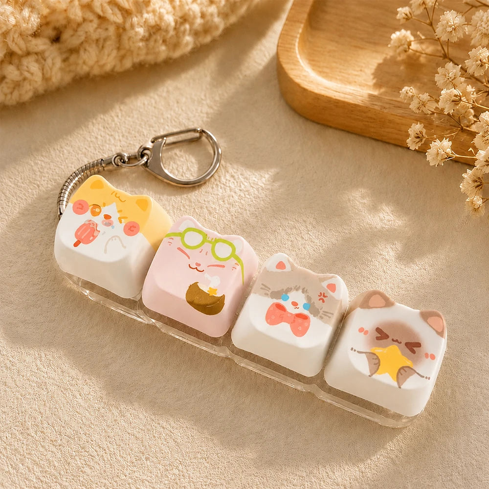 Cute Cat Relax Keycap Fidget Toy - Kawaii 4-Key Keyboard Keychain & Bag Charm Gift