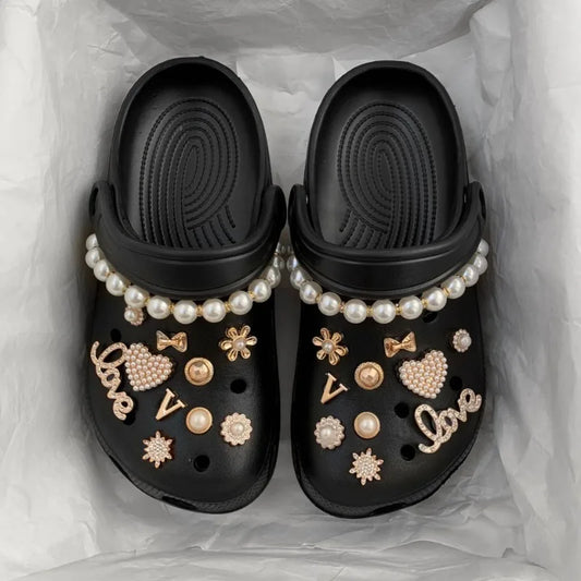22Pcs Luxury Shoe Charms Set - Pearl Chain Designer Accessories for Sandals, Clogs & DIY Shoe Decorations