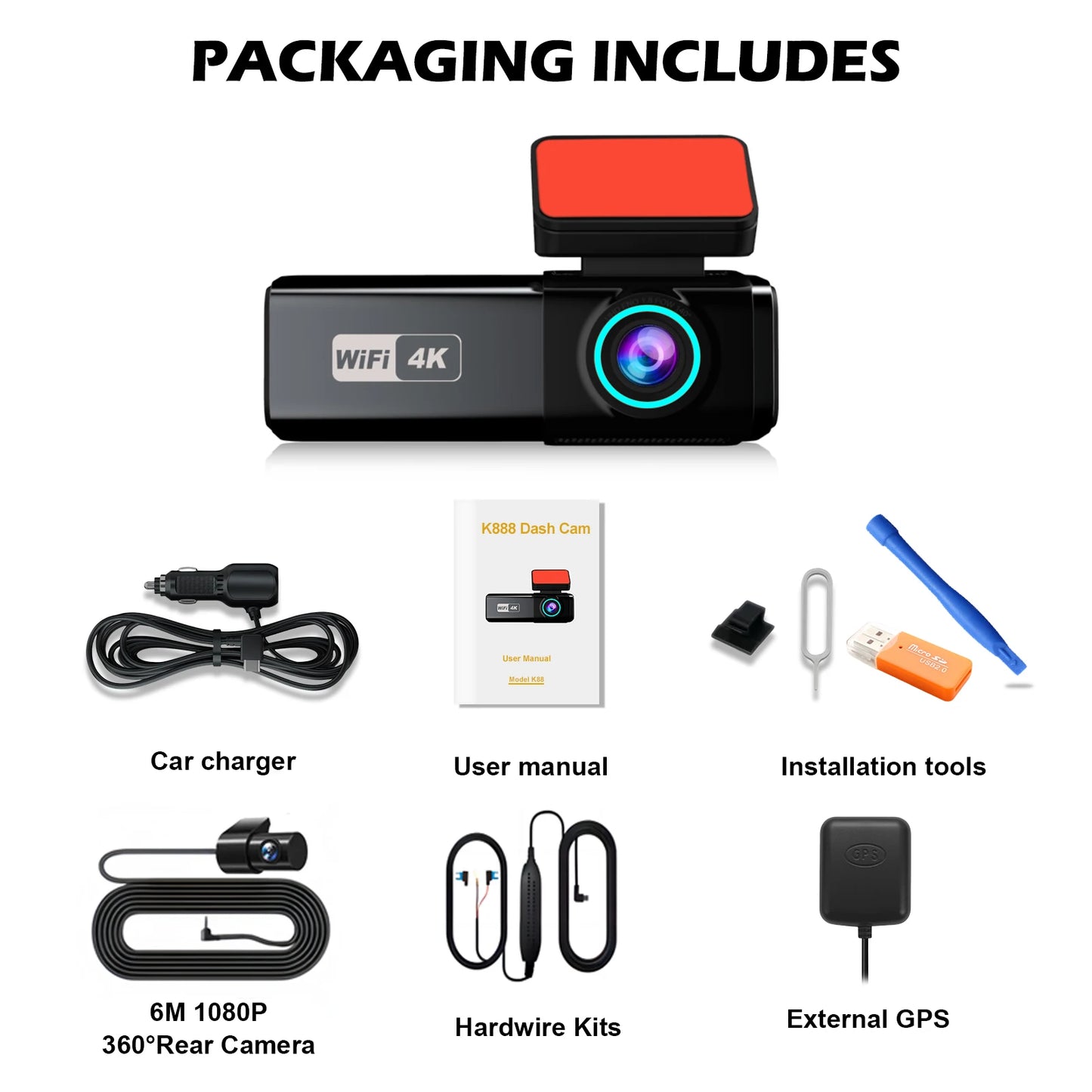 Aprilboy 4K WiFi Dash Cam 2160P – Dual Lens Front & Rear Car DVR, Night Vision, G-Sensor, 24H Parking Monitor