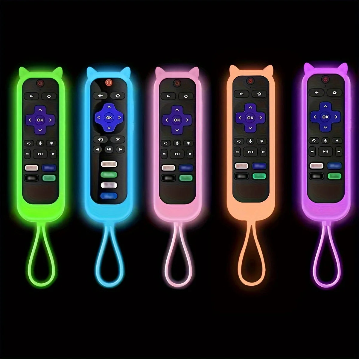 Glow-in-the-Dark Cat Ear Silicone TV Remote Cover - Cute Protective Case for TCL, Hisense & Roku Remotes