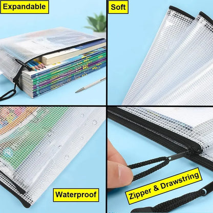 Mesh Zipper Document Bag Set - 3/5PCS A3 A4 A5 A6 Stationery Storage Pouches for School & Office Supplies