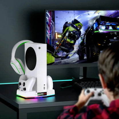 IPEGA Cooling Fan Stand for Xbox Series S – Controller Charging Dock with 15 RGB Lights, Headset Hook, and Charging Station