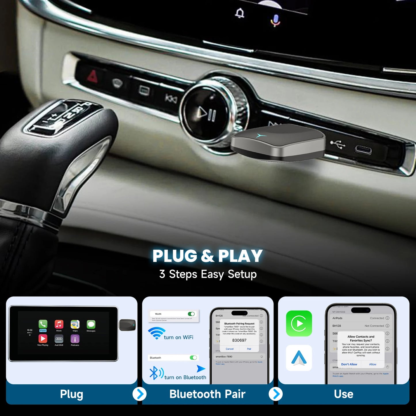2-in-1 Wired to Wireless CarPlay & Android Auto Adapter — Plug & Play Wireless Car Multimedia Adapter