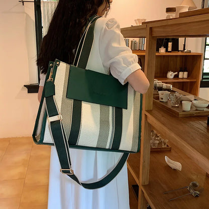 MOODS Quality Canvas Tote Bag for Women 2023 – Luxury Designer Handbag, Contrast Color Striped, Big Shoulder Crossbody Shopper Totes