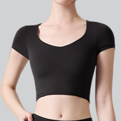 Women’s Yoga Sports Top with Built-In Chest Pads – Quick Dry Short Sleeve Fitness Shirt for Running, Pilates & Training