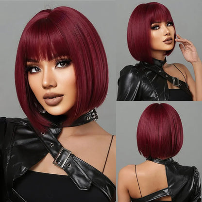 Wine Red Short Bob Wigs for Women - Burgundy Bob Wigs with Thick Bangs, Heat Resistant Synthetic Wig