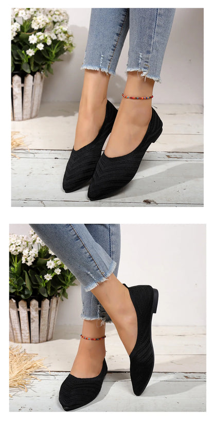 Women’s Solid Color Pointed Toe Knitted Slip-On Flats – Casual Breathable Ballet Loafers