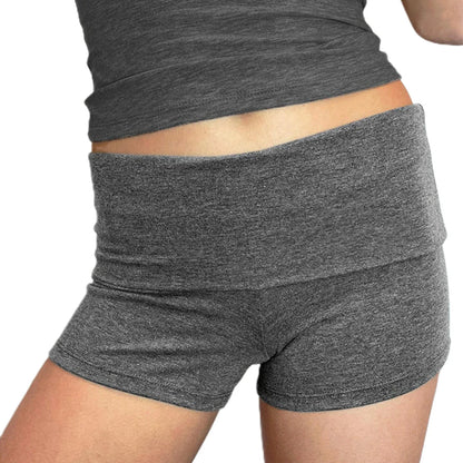 Summer Women’s Slim Solid Color Yoga Shorts — Casual Fold-Over Low Waist Lounge Shorts