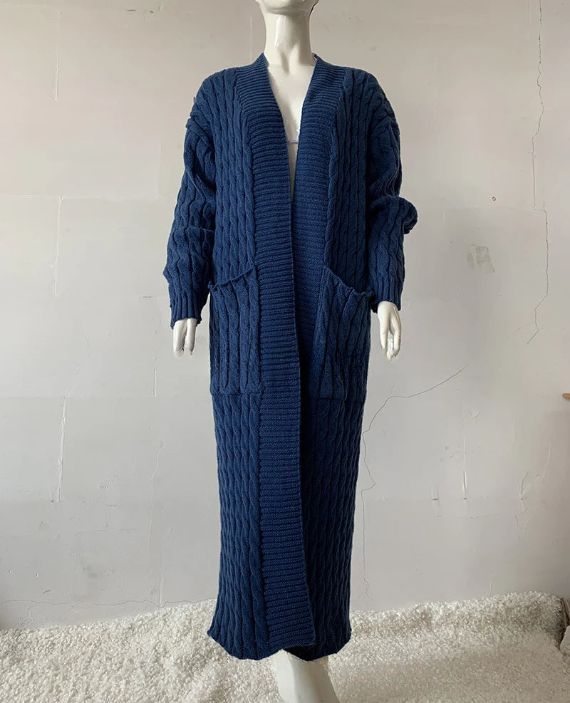 Women’s Long Knit Cardigan with Pockets – Vintage Full Sleeve Thick Autumn Winter Sweater Coat